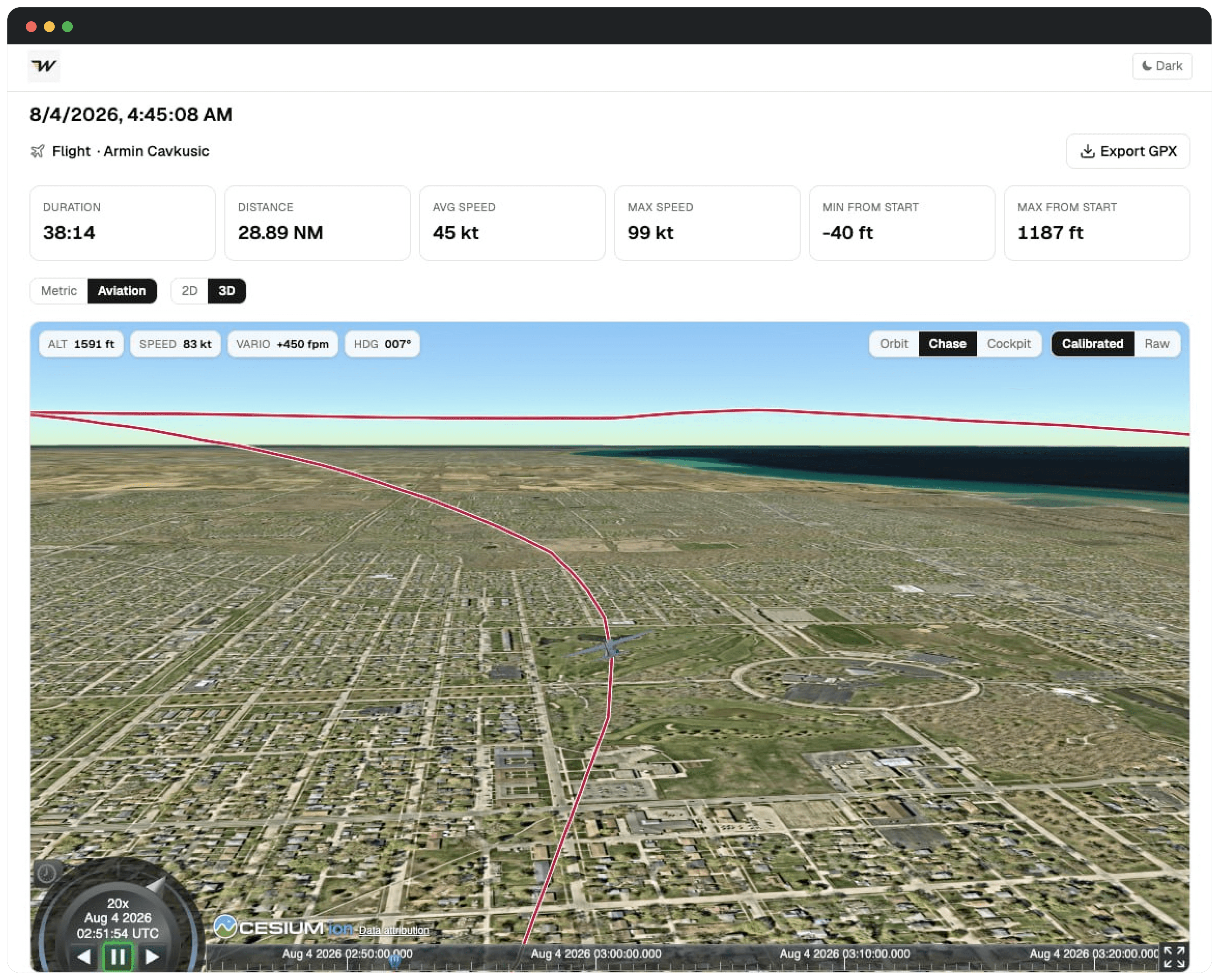 The same flight replayed in 3D over the terrain, with a chase camera and live altitude, speed, vertical speed and heading
