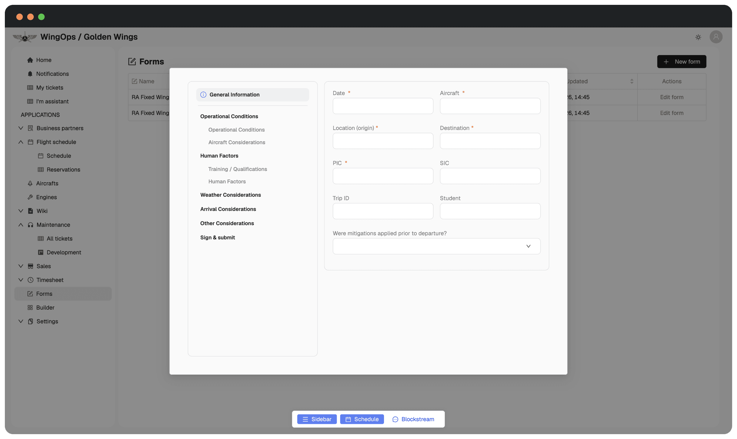The form builder: a list of forms with new and edit actions, and a form made of sections and fields
