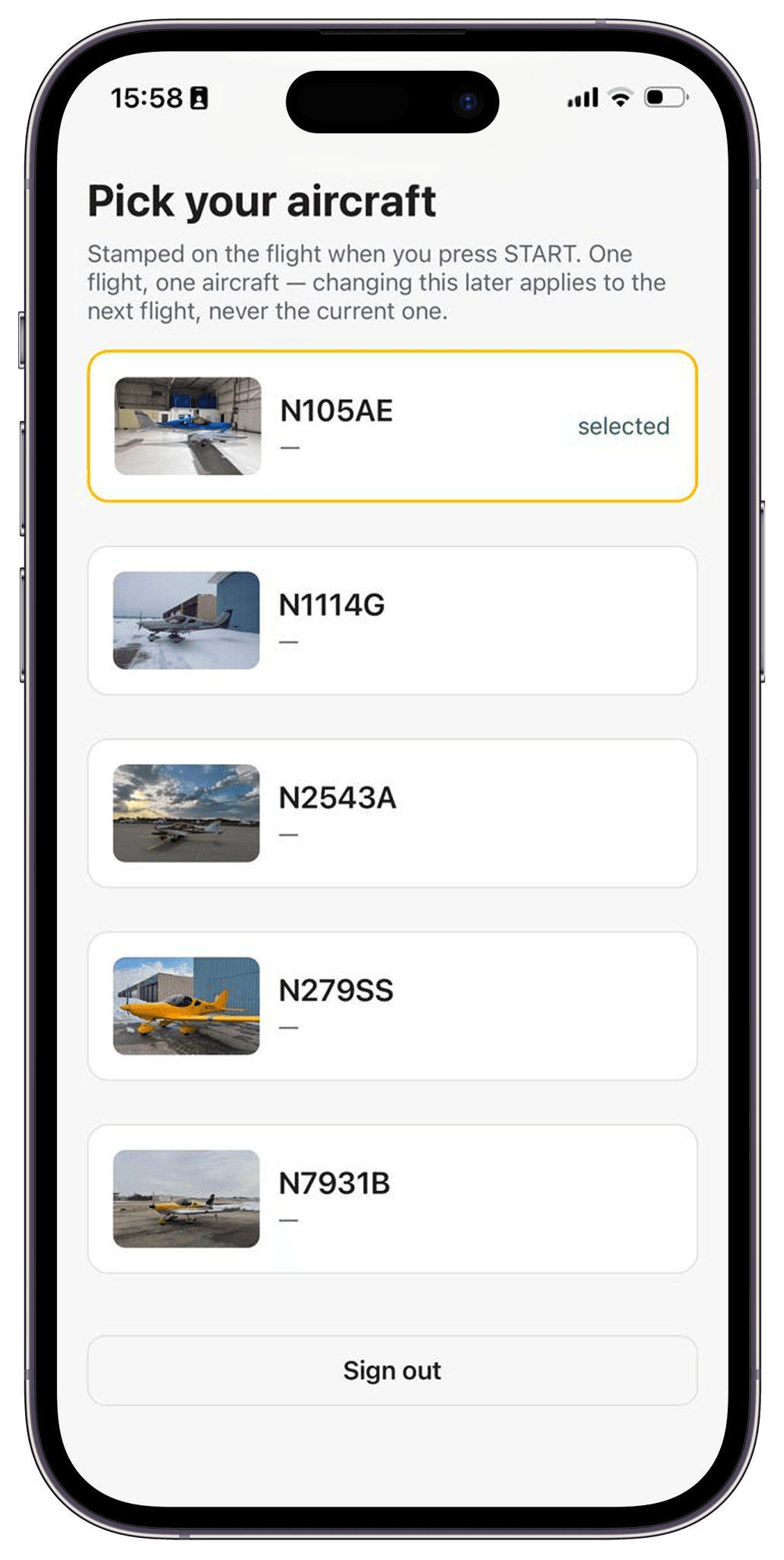 The WingOps mobile app showing the fleet, each aircraft with a photo and registration, and the selected one highlighted