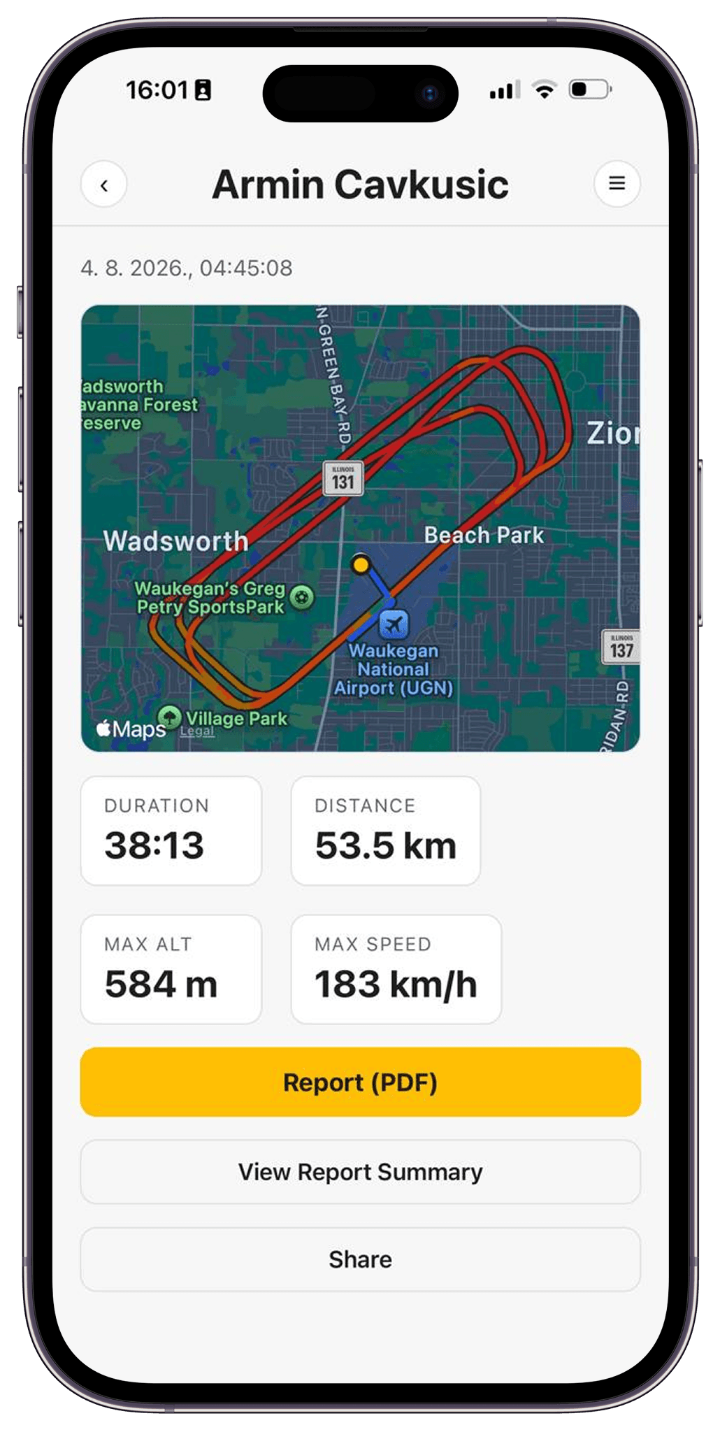 A recorded flight in the WingOps mobile app: the track over the field on a map, with duration, distance, maximum altitude and maximum speed